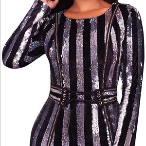 ZTAREN (NWT) stripes black velvet and silver sequins dress for women. Size M.